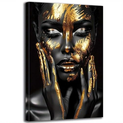 Schwarzgoldene afroamerikanische Frau auf Leinwand, Wandkunst, Frauendrucke, Poster, Bild, Kunstwerk für Wohnzimmerdekoration, 40 x 60 cm, ohne Rahmen von PEWFBS