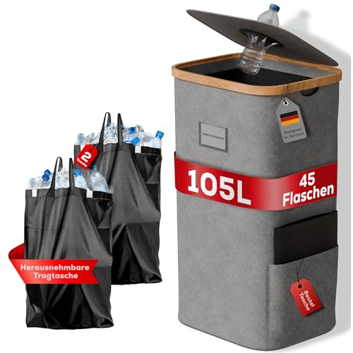PFANDORA® 105L Flaschensammler–Waschbarer Pfandflaschen Sammelbehälter | Ideal für Haushalt, Küche, Mülleimer, Müllsackständer & Aufbewahrung Wohnung | mit 2x XXL-Innenbeutel & Etikettenhalter.(Grau) von PFANDORA