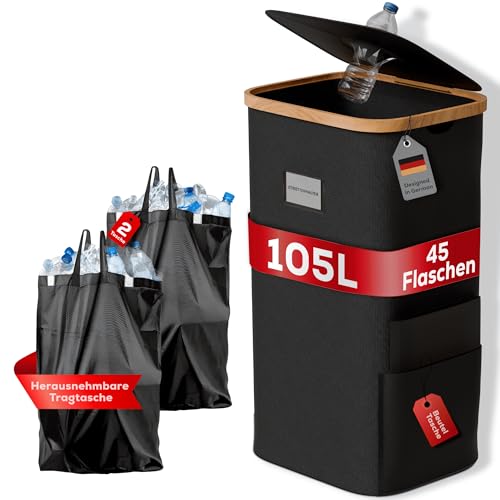PFANDORA® 105L Flaschensammler–Waschbarer Pfandflaschen Sammelbehälter | Ideal für Haushalt, Küche, Mülleimer,Müllsackständer& Aufbewahrung Wohnung | mit 2x XXL-Innenbeutel & Etikettenhalter.(Schwarz) von PFANDORA