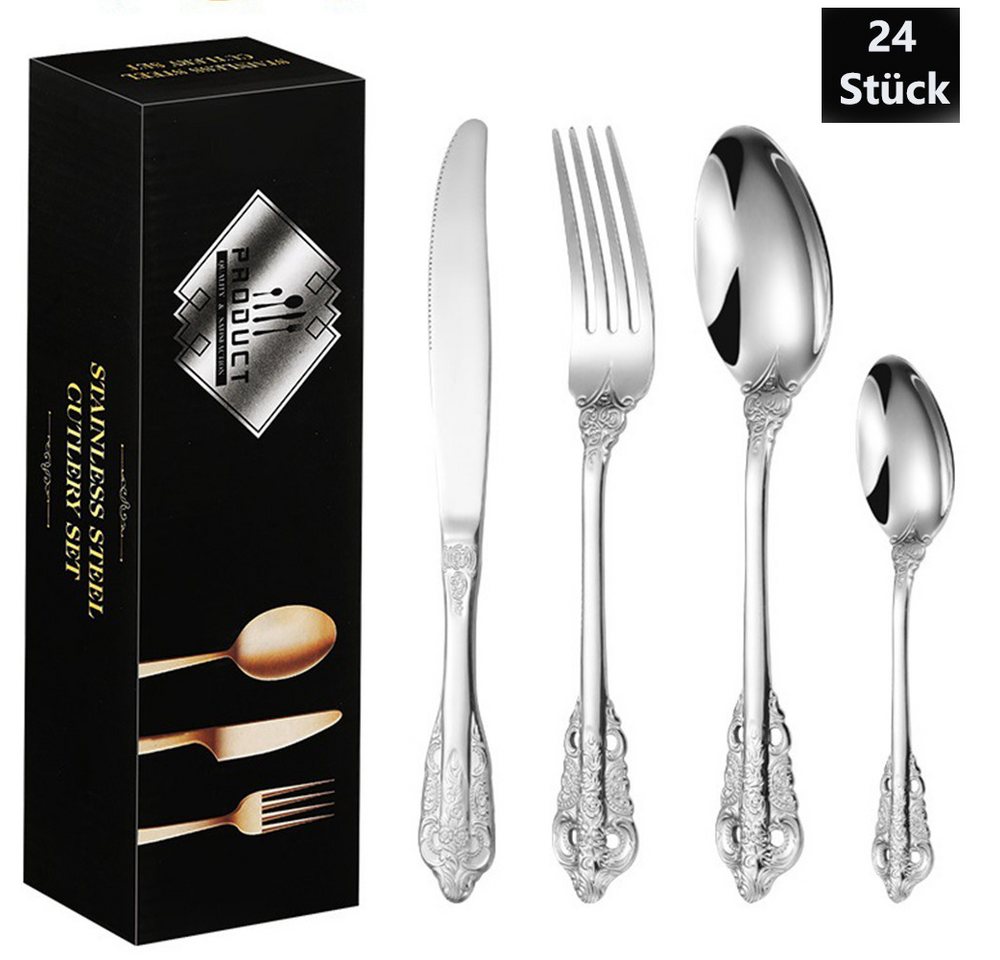 PFCTART Besteck-Set 24 Stück Silber Besteck Set, Hochwertig Edelstahl Besteck, 6 Personen (24-tlg), 6 Personen, Geprägte Design-Griffe, Bankett Essbesteck, Spülmaschinenfest von PFCTART