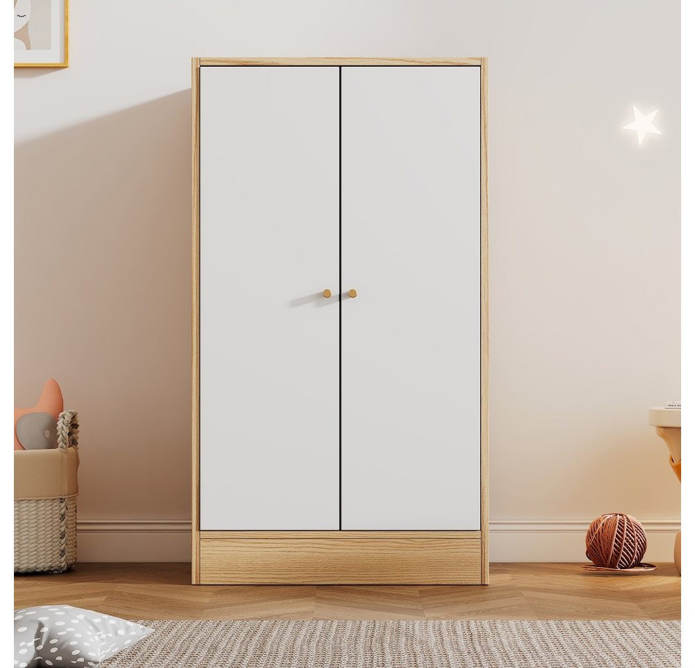 PFCTART Kleiderschrank Kleiner Kleiderschrank mit Stange MDF Weiß Natur (Schlafzimmer Wohnzimmer Kinderkleiderschrank) 2-türiger Kleiderschrank 2 Fächer von PFCTART