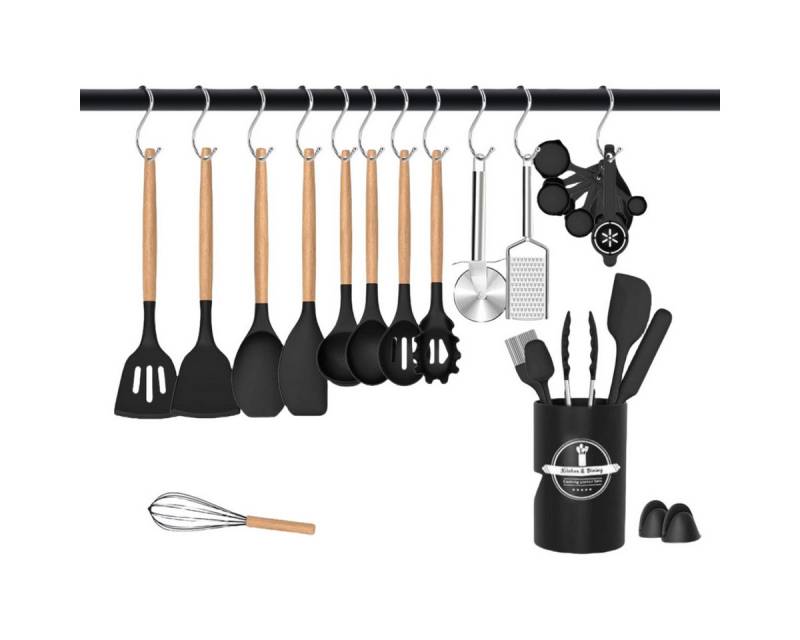 PFCTART Kochbesteck-Set 43 Stück Antihaft Hitzebeständige Silikon Kochutensilien Set (mit Holzgriff zum Backen Kochen und Mische), Beste Küchenutensilien mit Halter von PFCTART