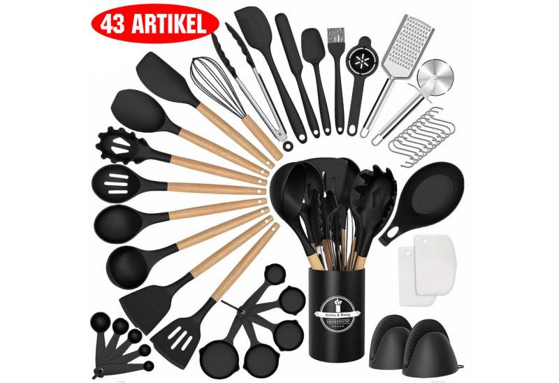 PFCTART Kochbesteck-Set 43 teiliges Profi-Silikon-Küchenutensilien-Set (Schwarz), Hitzebeständig von PFCTART