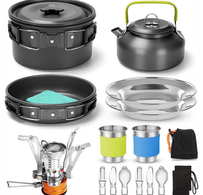 YVMOOEC Kochbesteck-Set Zusammenklappbares Kochgeschirr Campingbesteck-Set (Campingbesteck-Set Kochset Töpfe und Pfannen), Mit 0,8-Liter-Teekanne Camping-Besteck und Tassen von YVMOOEC