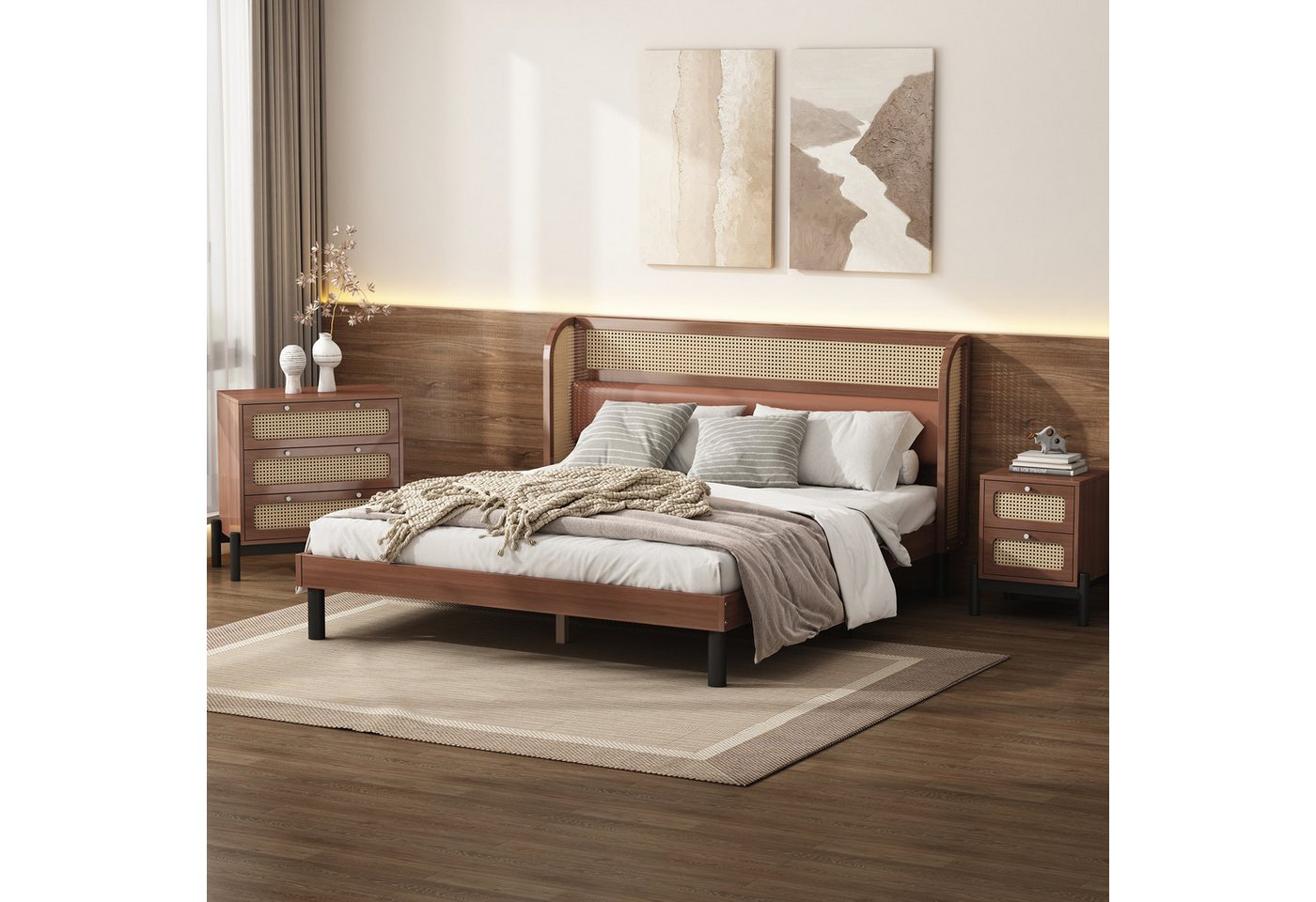 PFCTART Komplettschlafzimmer Komplettschlafzimmer Set, 3-tlg. modernes Rattan Doppelbett, (160x200cm Doppelbett), (Mit Matratzen) Doppelbett+Nachttisch+Kommode von PFCTART