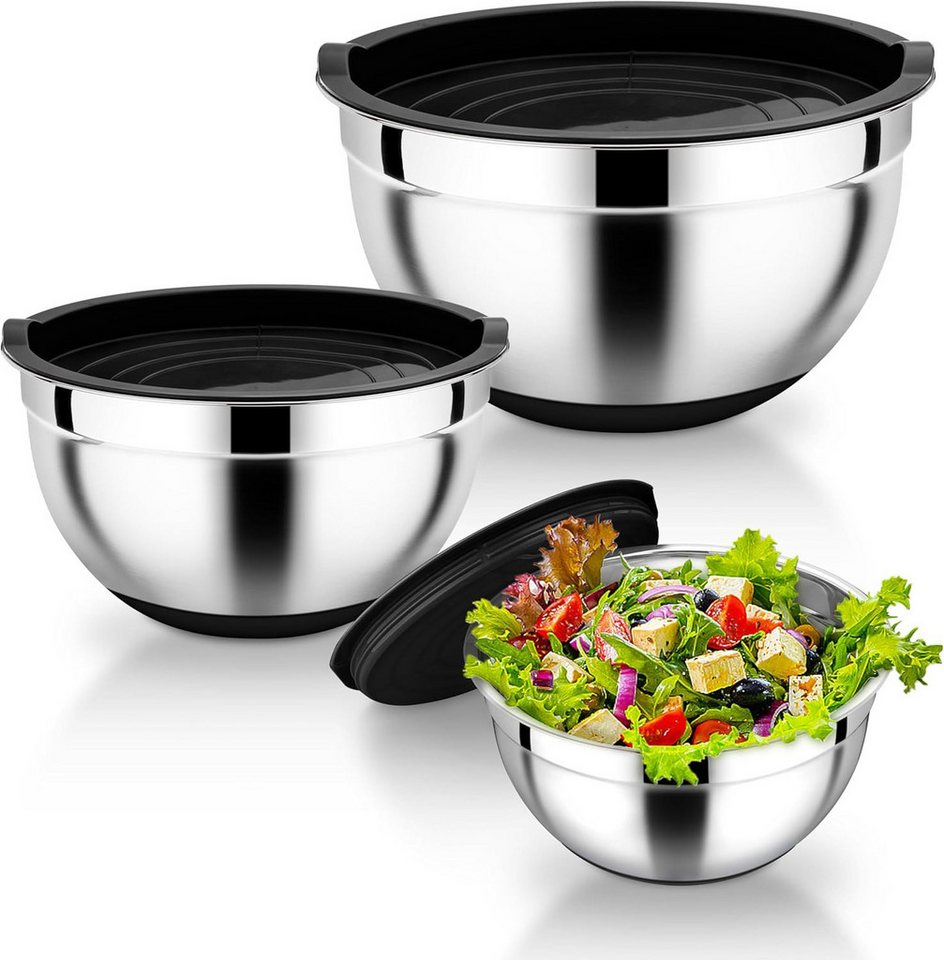 PFCTART Rührschüssel Salatschüssel mit Deckel – Rührschüssel Set aus Edelstahl, Edelstahl (Schüsseln), Kunststoff (Deckel), (Rostfrei leicht zu reinigen – Schwarz-silber für Vorrat Zubereitung, 3-tlg), stapelbar & rutschfest – 16/22/26 cm Schüssel Set Küche von PFCTART
