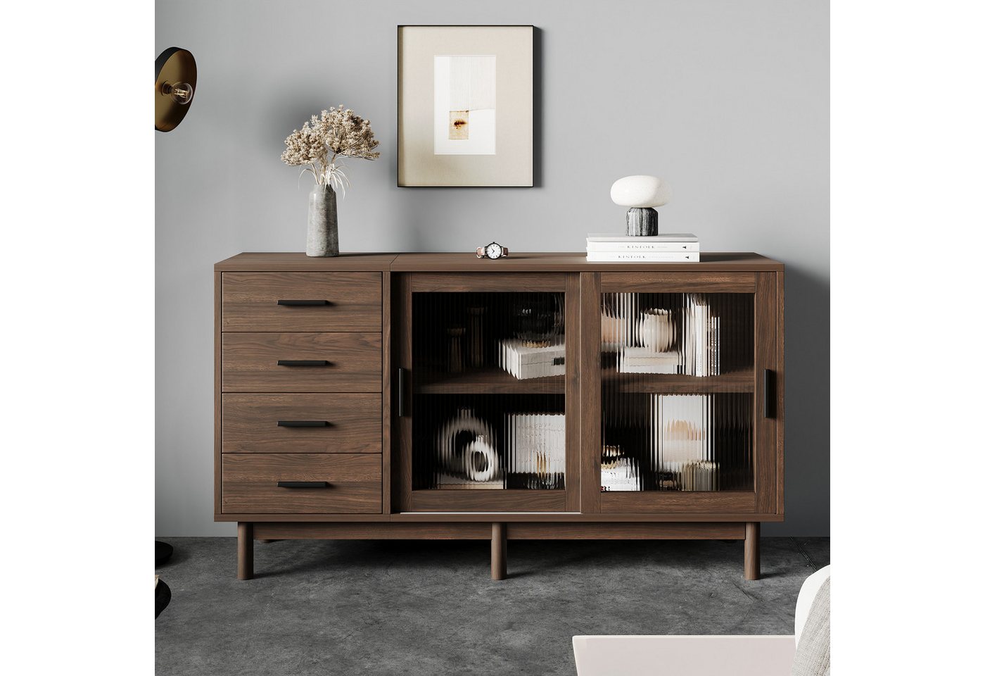 PFCTART Sideboard Hochwertiges Sideboard aus nussbaumfarbener Spanplatte (mit Glasvitrine - 4 Schubladen, 2 Glastüren, 140*40*75,8cm), Wohnzimmer Sideboard, Wohnzimmerunterschrank, Eckschrank, Glasvitrine von PFCTART