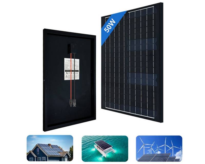 PFCTART Solarmodul Solarmodul Schwarzer Rahmen monokristallines Silizium 50W Glasplatte, (für Wohnmobile Camping Gärten Beleuchtung autonomer Systeme), mit MC4 Anschluss von PFCTART