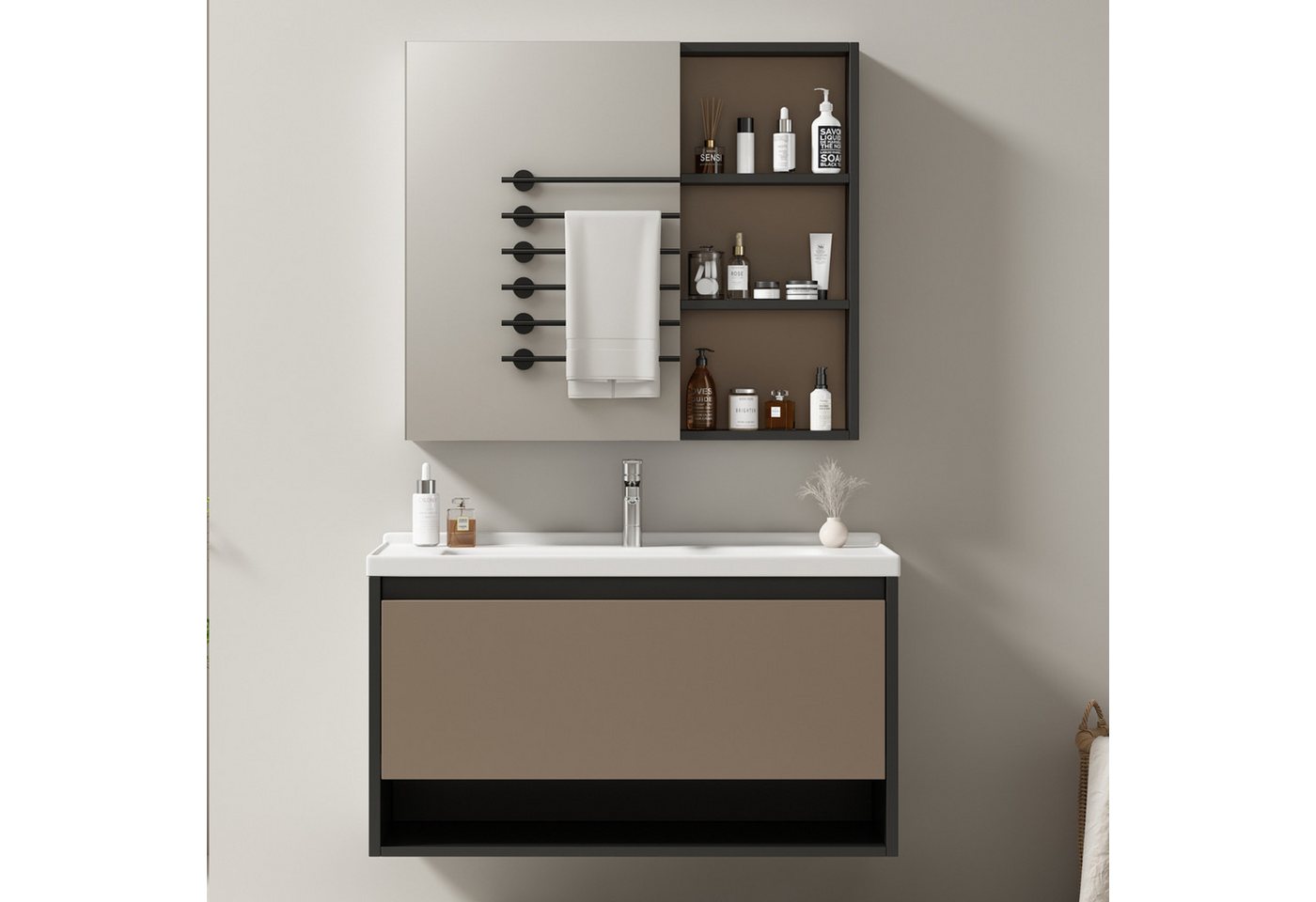 PFCTART Waschbeckenunterschrank Badezimmer Badmöbel Set :Waschbeckenunterschrank hängend 90cm breit (mit Keramikwaschbecken,Schubladen,Spiegelschrank) von PFCTART