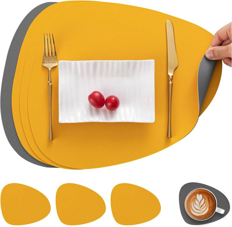 PFCTART Platzset Tischsets und Untersetzer aus Leder Grau-Gelb 4er-Set, (Rutschfeste Unterseite), abwaschbare runde doppelseitige von PFCTART