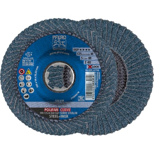 PFERD Fächerscheibe POLIFAN CURVE, 10 Stück, 125mmx11mm, Z40, X-LOCK (22,23 mm), SGP STEELOX, 67689053 - für die präzise Kehlnahtbearbeitung von PFERD