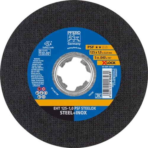 PFERD Trennscheibe, 25 Stück, 125 x 1,0mm, gerade, X-LOCK (22,23 mm), PSF STEELOX, 61721101 – für schnelle und komfortable Werkzeugwechsel von PFERD