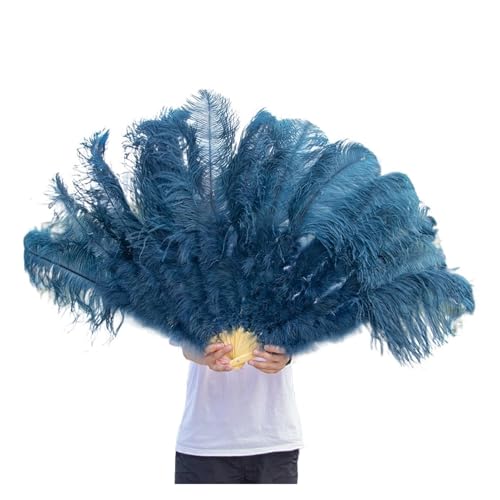 PFIOEUL Federtanz Fächer 1/2 stücke Natürliche Feder Fan for 13 Knochen Große Hand Gehalten Faltbare Fan 100/130CM Handwerk Karneval Hochzeit Bühne Tanz Dekor(Deep Blue01,Big Fan 2pc) von PFIOEUL