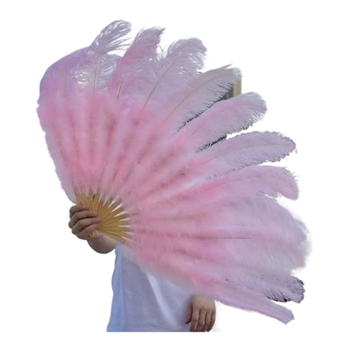 PFIOEUL Federtanz Fächer 1/2 stücke Natürliche Feder Fan for 13 Knochen Große Hand Gehalten Faltbare Fan 100/130CM Handwerk Karneval Hochzeit Bühne Tanz Dekor(Light pink,Big Fan 2pc) von PFIOEUL