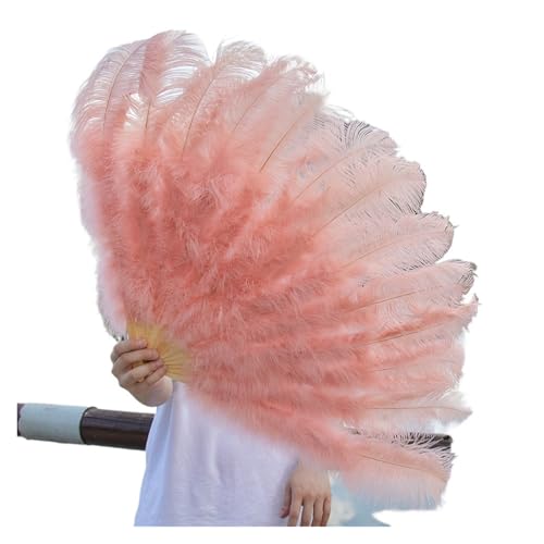 PFIOEUL Federtanz Fächer 1/2 stücke Natürliche Feder Fan for 13 Knochen Große Hand Gehalten Faltbare Fan 100/130CM Handwerk Karneval Hochzeit Bühne Tanz Dekor(Shrimp Pink,Big Fan 1pc) von PFIOEUL