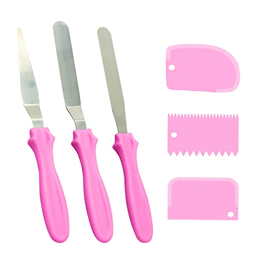 3 x Edelstahl Zuckerguss Spachtel und 3 x Kunststoffschaber für Kuchen, Anti-Rutsch-Griff Küchenutensilien-Set, Kuchen-Dekoration, Gadget zum Aufschmieren von Buttercreme (Rosa) von PFLYPF