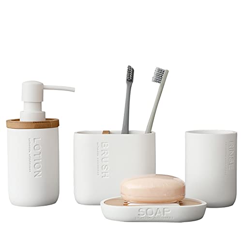 PFLife Badezimmer Set, 4-Teilig, Badezubehör aus Polyresin und Bambus, Seifenspender, Becher, Zahnbürstenhalter, Steifenschale, Bad-Accessoires-Set (Weiss) von PFLife