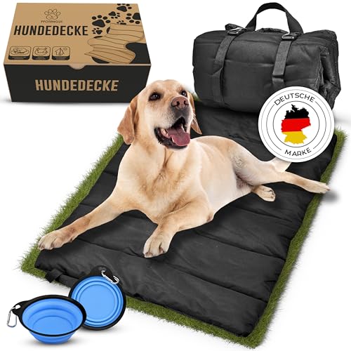 PFOTENGUT® Hundedecke für unterwegs [wasserdicht & rutschfest] - weiche Hundematte Outdoor [110x70 cm] zum Mitnehmen inkl. faltbarem Wassernapf mit Karabiner von PFOTENGUT