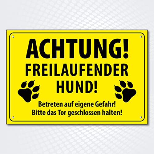 Hochwertiges Schild " ACHTUNG FREILAUFENDER HUND " 300 x 200 mm rechteckig | Betreten auf eigene Gefahr | Bitte das Tor geschlossen halten | von PG PICO signs SCHILDER UND MEHR