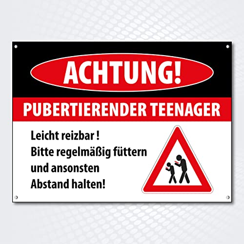 Hochwertiges Schild Alu-Dibond " ACHTUNG! PUBERTIERENDER TEENAGER" 250 x 180 mm rechteckig | Betreten auf eigene Gefahr | Hinweisschild aus robustem Alu/Dibond von PG PICO signs SCHILDER UND MEHR