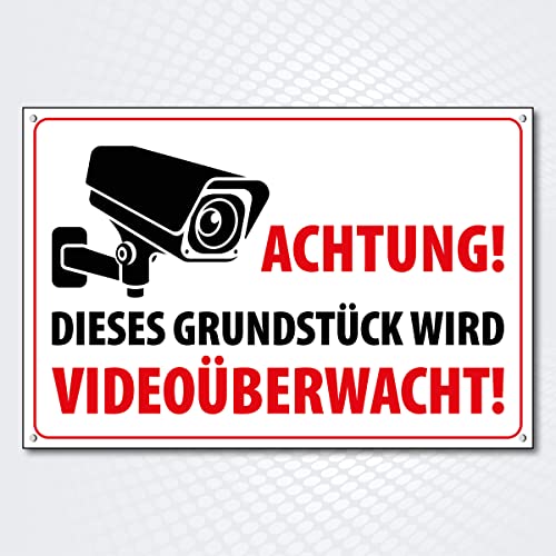 Hochwertiges Schild aus Alu-Dibond " ACHTUNG - GRUNDSTÜCK WIRD VIDEOÜBERWACHT " 300 x 200 mm rechteckig | Videoüberwachung | Grundstück wird videoüberwacht | von PG PICO signs SCHILDER UND MEHR