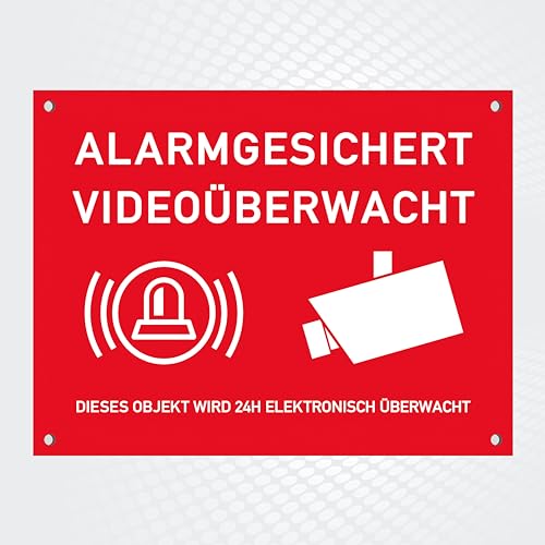 Hochwertiges Schild aus Alu-Dibond " ALARMGESICHERT - VIDEOÜBERWACHT " 200 x 150 mm rechteckig | Alarmgesichert | Objekt wird 24 h videoüberwacht von PG PICO signs SCHILDER UND MEHR