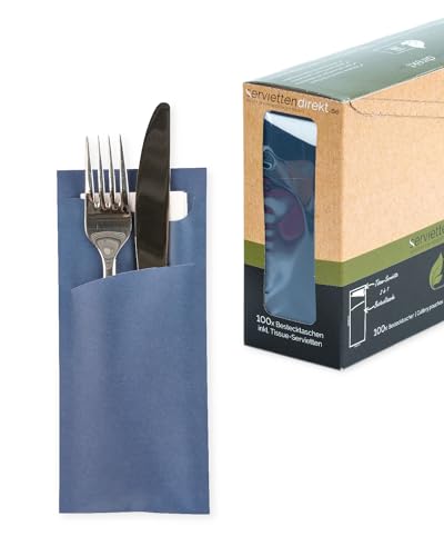 PG PrimeGuest SUPPLY Bestecktasche Prime Fit 85x190mm Bestecktaschen mit Serviette in Weiß Serviettentasche ideal für Gastronomie und Feiern (Dunkelblau, 100 Stück) von PG PrimeGuest SUPPLY