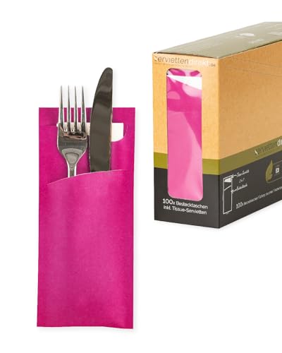 PG PrimeGuest SUPPLY Bestecktasche Serviettentaschen 85x190mm mit Serviette in Weiß Bestecktaschen ideal für Gastronomie und Feiern 100 Stück | (Pink) von PG PrimeGuest SUPPLY