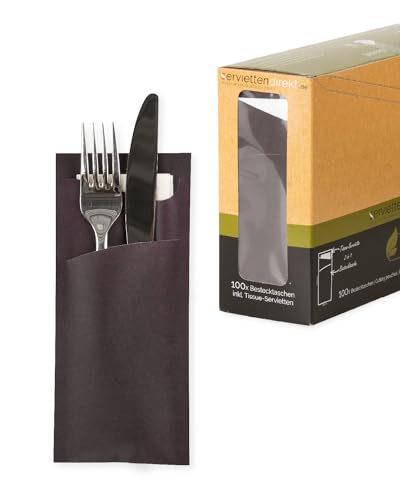 PG PrimeGuest SUPPLY Bestecktasche Prime Fit 85x190mm, Bestecktaschen mit Serviette in Weiß Serviettenhalter, ideal für Gastronomie und Feiern 100 Stück (Braun) von PG PrimeGuest SUPPLY