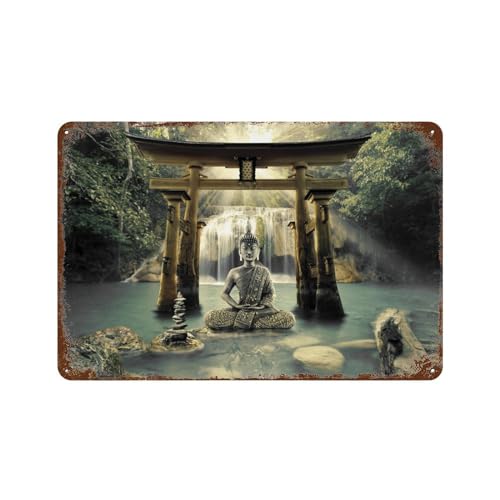 PGCKSK Buddha-Figur，Metall-Blechschild, motivierende Wanddekorationen für Wohnzimmer, rustikale Wandkunst, Küche, Wandbehang, Schilder, Wandschild-20 x 30 cm (8 x 12 Zoll) G94 von PGCKSK