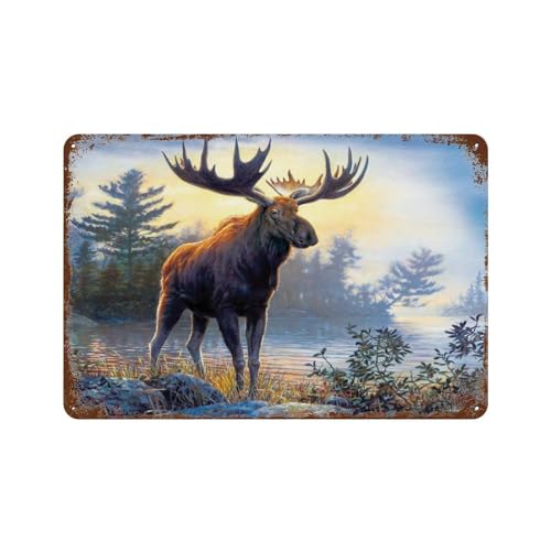Elch Hirsch Dschungel See Tiere,Blechschild, Vintage, Metall, Pub, Club, Café, Bar, Zuhause, Wanddekoration, Poster, Retro-30 x 40 cm (12 x 16 Zoll) D-84 von PGCKSK