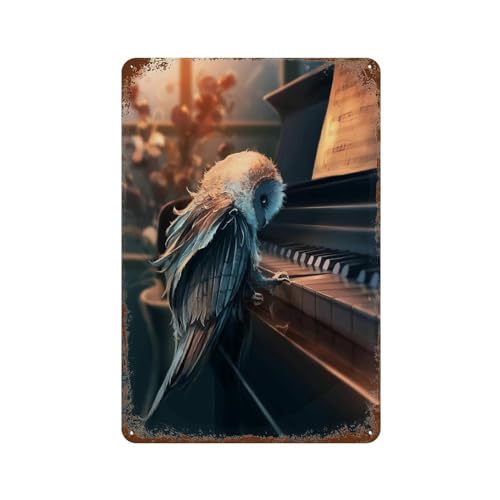 PGCKSK Eule und Klavier，Metall-Blechschild, motivierende Wanddekorationen für Wohnzimmer, rustikale Wandkunst, Küche, Wandbehang, Schilder, Wandschild20 x 30 cm (8 x 12 Zoll)-S34 von PGCKSK