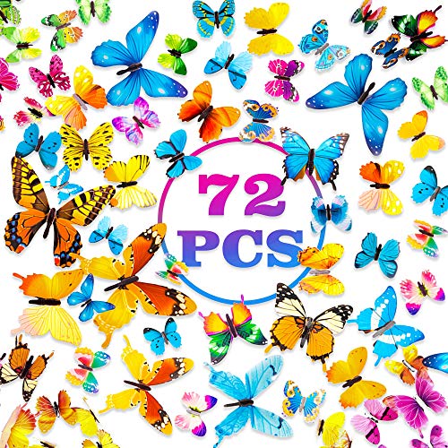 PGFUN 3D Schmetterlinge Deko 72 Stück Aufkleber Fluoreszierende Wandtattoo Wand Deko 3D Sticker für Die Wand Wohnung Hause Wand Dekor Dekoration (12 Blau, 12 Farbe, 12 Grün, 12 Gelb, 12 Rosa, 12 Lila) von PGFUN