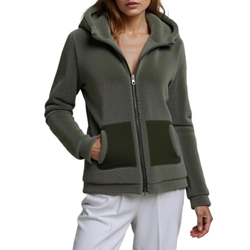 PGPBVLVGHM Fleecejacke Damen Mit Kapuze Winterjacke Warm Reißverschluss Hoodie Jacke Winter Herbst Kapuzenjacke Sweatjacke Pulli Sweatshirt Plüschjacke Outwear Mit Taschen(A#Amry Green,4XL) von PGPBVLVGHM