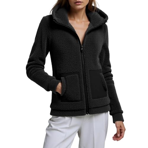 PGPBVLVGHM Fleecejacke Damen Mit Kapuze Winterjacke Warm Reißverschluss Hoodie Jacke Winter Herbst Kapuzenjacke Sweatjacke Pulli Sweatshirt Plüschjacke Outwear Mit Taschen(A#Black,S) von PGPBVLVGHM