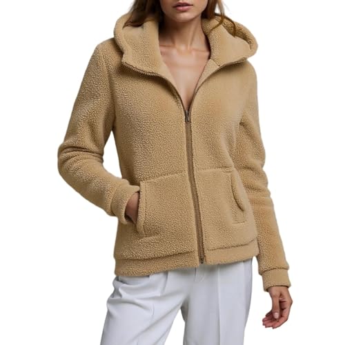 PGPBVLVGHM Fleecejacke Damen Mit Kapuze Winterjacke Warm Reißverschluss Hoodie Jacke Winter Herbst Kapuzenjacke Sweatjacke Pulli Sweatshirt Plüschjacke Outwear Mit Taschen(A#Brown,S) von PGPBVLVGHM