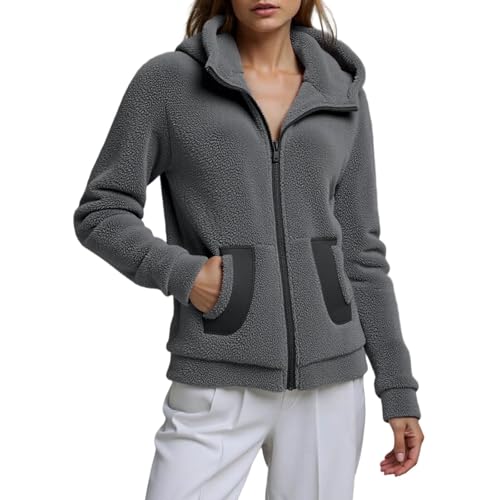 PGPBVLVGHM Fleecejacke Damen Mit Kapuze Winterjacke Warm Reißverschluss Hoodie Jacke Winter Herbst Kapuzenjacke Sweatjacke Pulli Sweatshirt Plüschjacke Outwear Mit Taschen(A#Dark Gray,3XL) von PGPBVLVGHM