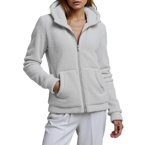 PGPBVLVGHM Fleecejacke Damen Mit Kapuze Winterjacke Warm Reißverschluss Hoodie Jacke Winter Herbst Kapuzenjacke Sweatjacke Pulli Sweatshirt Plüschjacke Outwear Mit Taschen(A#Light Gray,3XL) von PGPBVLVGHM