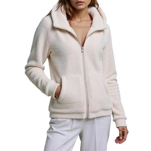 PGPBVLVGHM Fleecejacke Damen Mit Kapuze Winterjacke Warm Reißverschluss Hoodie Jacke Winter Herbst Kapuzenjacke Sweatjacke Pulli Sweatshirt Plüschjacke Outwear Mit Taschen(A#White,3XL) von PGPBVLVGHM