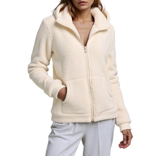 PGPBVLVGHM Fleecejacke Damen Mit Kapuze Winterjacke Warm Reißverschluss Hoodie Jacke Winter Herbst Kapuzenjacke Sweatjacke Pulli Sweatshirt Plüschjacke Outwear Mit Taschen(A#beige,XL) von PGPBVLVGHM
