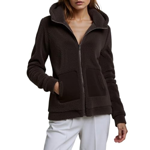 PGPBVLVGHM Fleecejacke Damen Mit Kapuze Winterjacke Warm Reißverschluss Hoodie Jacke Winter Herbst Kapuzenjacke Sweatjacke Pulli Sweatshirt Plüschjacke Outwear Mit Taschen(A#caffee,5XL) von PGPBVLVGHM