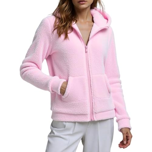PGPBVLVGHM Fleecejacke Damen Mit Kapuze Winterjacke Warm Reißverschluss Hoodie Jacke Winter Herbst Kapuzenjacke Sweatjacke Pulli Sweatshirt Plüschjacke Outwear Mit Taschen(A#pink,XXL) von PGPBVLVGHM