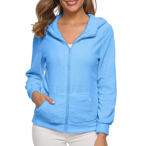 PGPBVLVGHM Fleecejacke Damen Mit Kapuze Winterjacke Warm Reißverschluss Hoodie Jacke Winter Herbst Kapuzenjacke Sweatjacke Pulli Sweatshirt Plüschjacke Outwear Mit Taschen(B#Blue,XL) von PGPBVLVGHM