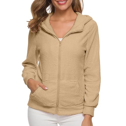 PGPBVLVGHM Fleecejacke Damen Mit Kapuze Winterjacke Warm Reißverschluss Hoodie Jacke Winter Herbst Kapuzenjacke Sweatjacke Pulli Sweatshirt Plüschjacke Outwear Mit Taschen(B#Light Brown,M) von PGPBVLVGHM