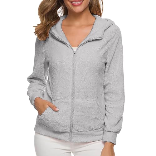 PGPBVLVGHM Fleecejacke Damen Mit Kapuze Winterjacke Warm Reißverschluss Hoodie Jacke Winter Herbst Kapuzenjacke Sweatjacke Pulli Sweatshirt Plüschjacke Outwear Mit Taschen(B#Light Gray,4XL) von PGPBVLVGHM