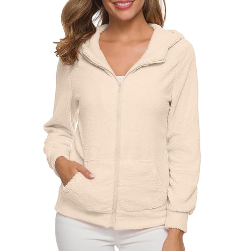 PGPBVLVGHM Fleecejacke Damen Mit Kapuze Winterjacke Warm Reißverschluss Hoodie Jacke Winter Herbst Kapuzenjacke Sweatjacke Pulli Sweatshirt Plüschjacke Outwear Mit Taschen(B#beige,S) von PGPBVLVGHM