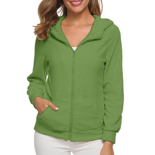PGPBVLVGHM Fleecejacke Damen Mit Kapuze Winterjacke Warm Reißverschluss Hoodie Jacke Winter Herbst Kapuzenjacke Sweatjacke Pulli Sweatshirt Plüschjacke Outwear Mit Taschen(C#Amry Green,XXL) von PGPBVLVGHM