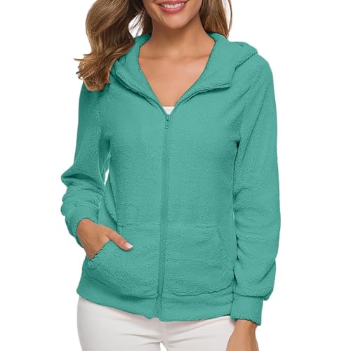PGPBVLVGHM Fleecejacke Damen Mit Kapuze Winterjacke Warm Reißverschluss Hoodie Jacke Winter Herbst Kapuzenjacke Sweatjacke Pulli Sweatshirt Plüschjacke Outwear Mit Taschen(C#Light Green,S) von PGPBVLVGHM