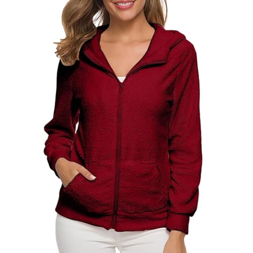 PGPBVLVGHM Fleecejacke Damen Mit Kapuze Winterjacke Warm Reißverschluss Hoodie Jacke Winter Herbst Kapuzenjacke Sweatjacke Pulli Sweatshirt Plüschjacke Outwear Mit Taschen(C#Wine,4XL) von PGPBVLVGHM