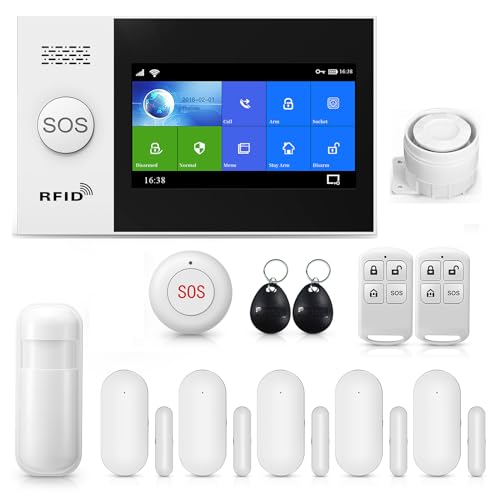 PGST Hausalarmsystem Touchscreen Home Anti-Einbruchsicherheit,WiFi + GSM Wireless Home Einbrecher Alarmanlage Kit Tuya Smartlife APP Amazon Alexa, mit Sirene Fenster Türsensor Bewegungsmelder RFID von PGST